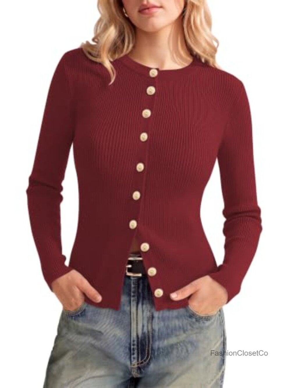Ribbed Knit Button Up Cardigan Sweater Fitted Slim Long Sleeve Crew Neck